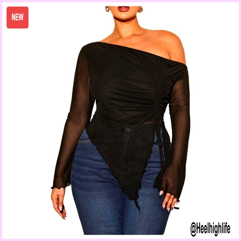 Plus Size Sheer Mesh Off Shoulder Top Long Sleeve Drawstring Ruched Hem